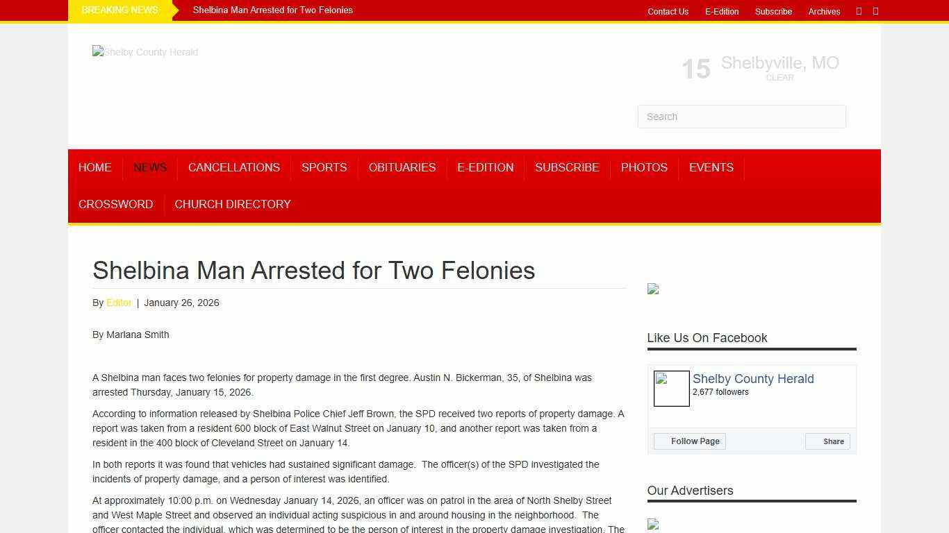 Shelbina Man Arrested for Two Felonies – Shelby County Herald